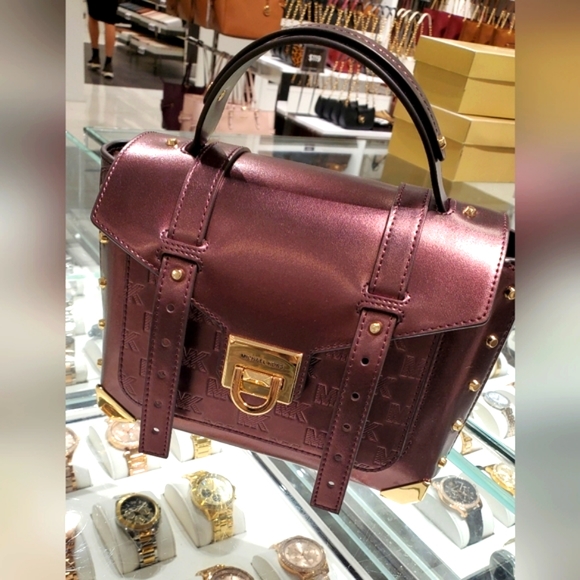 New 🎀 Michael Kors MANHATTAN MD Satchel Bordeaux Bronze Color - Picture 2 of 10